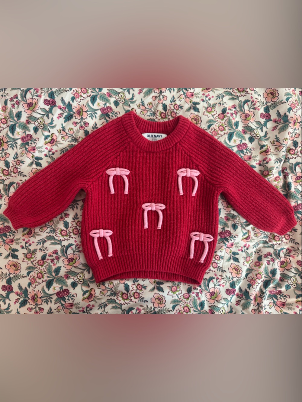 Old Navy Red Ribbed Crewneck Sweater with Pink Bow Details